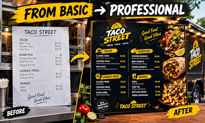 design food truck menu, digital menu board and qr code menu