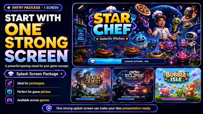 design game UI screens, splash screens and visual concepts