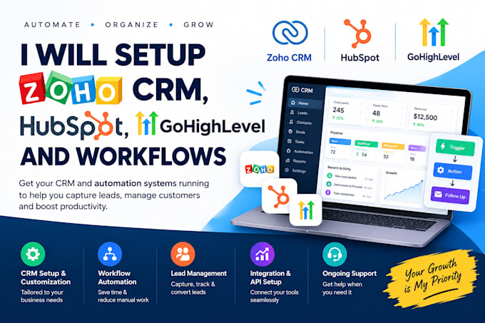 setup zoho CRM, hubspot, gohighlevel and workflows