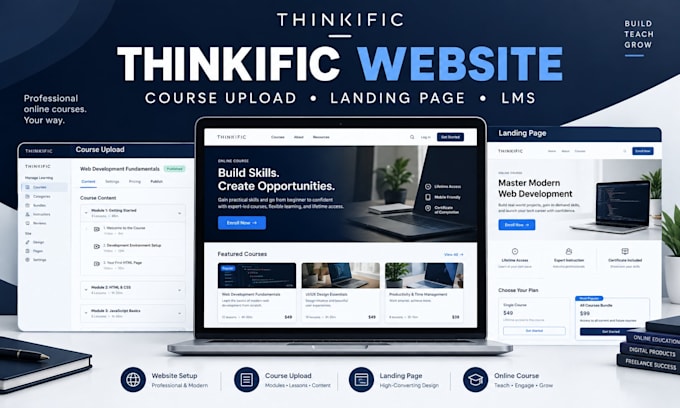 build thinkific website, with course upload, landing page