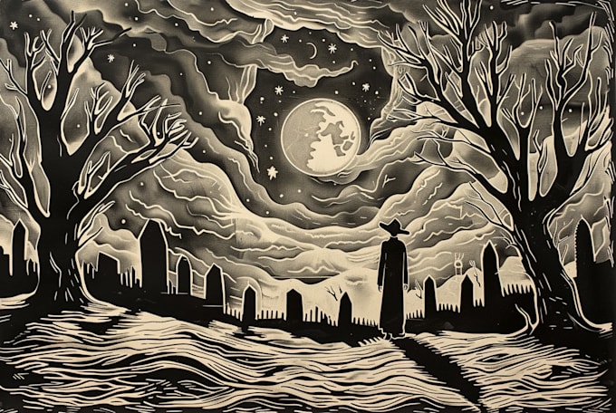 draw high quality illustration in linocut style