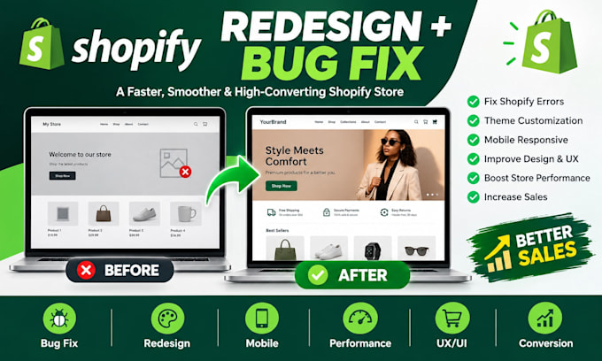 design redesign shopify website fix shopify bug error bug fix for better sales