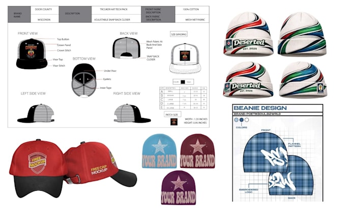 design custom hats and caps with tech pack and mockups