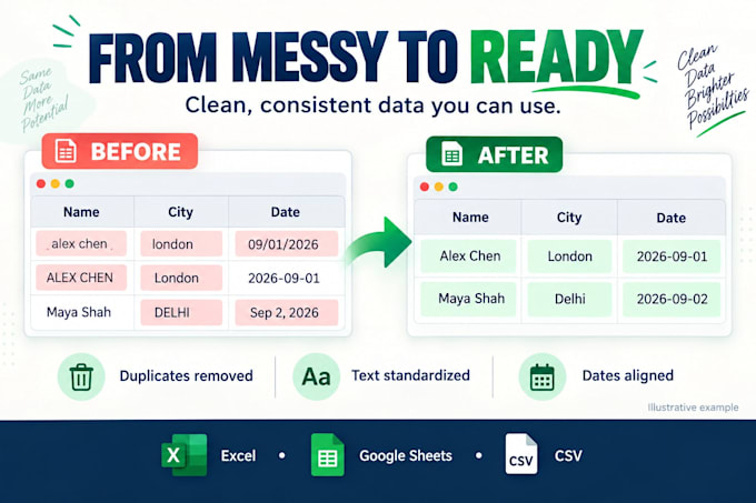 clean messy data, remove duplicates and fix excel formatting