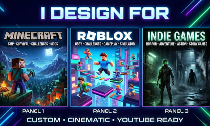 design gaming thumbnails for minecraft thumbnails, roblox thumbnails, indie game