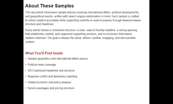 write SEO optimized news and geopolitics articles