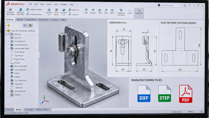 design solar panel mounting brackets, technical drawings for manufacturing