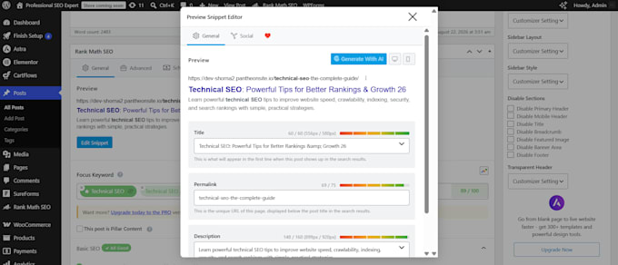 do website onpage SEO yoast , aeo analysis, keyword search