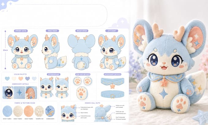 design custom plushie reference sheet for stuffed animal and character design