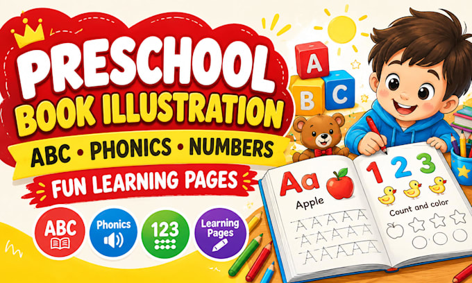 create preschool book illustration, phonics, abc, numbers and learning pages