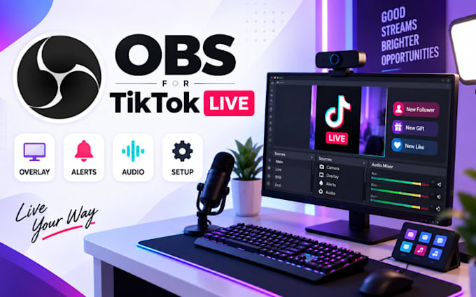 set up obs studio for tiktok live with custom overlay, alerts and audio