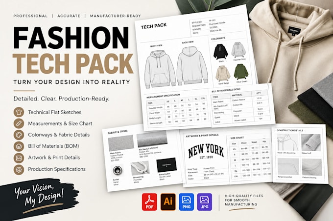 create clothing tech packs, technical flats and spec sheets