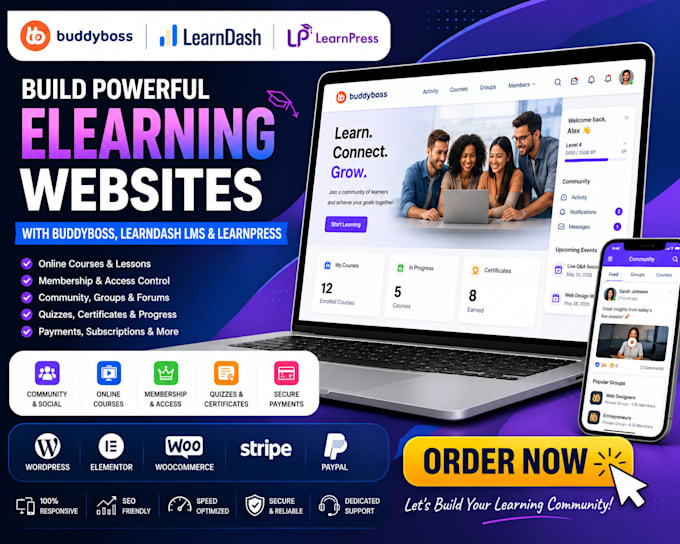 build elearning website with buddyboss, learndash lms and learnpress