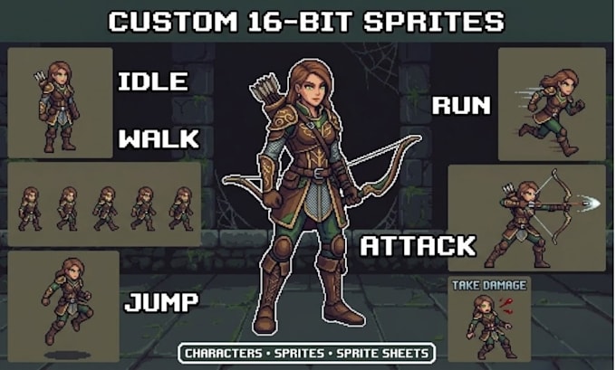create high quality 16 bit pixel art characters sprites and sprite sheet