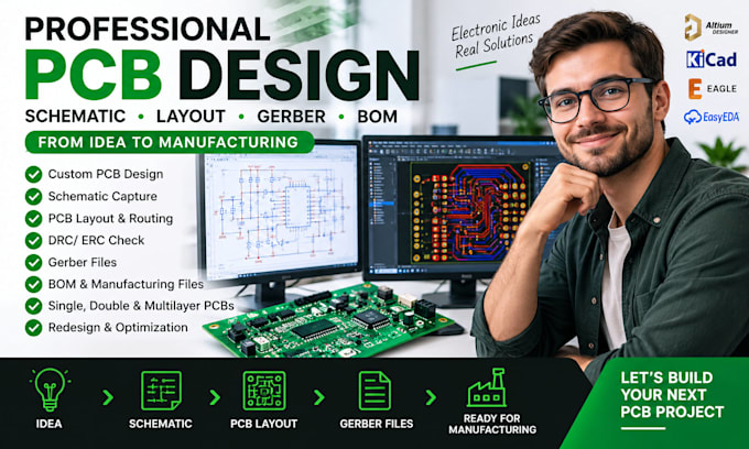 design pcb, pcb layout and schematic using altium, kicad or eagle