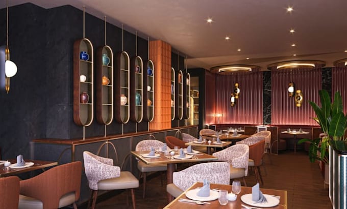do restaurant interior design, cafe bar, café coffee shop, lounge with 8k render