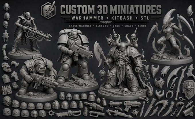 sculpt custom warhammer 40k miniatures, kitbash bits, stl models for 3d printing