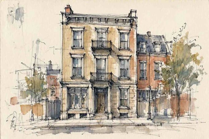 sketch architectural drawing with watercolor