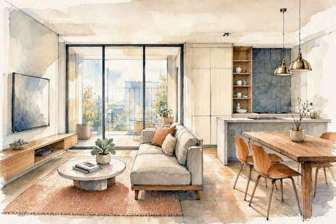 render architecture and interior concept in watercolor
