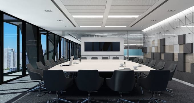 photoreal office interior render,3d conference room,cubicles,open plan workspace