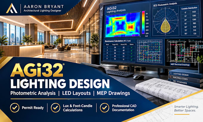create permit ready lighting design, agi32 photometric analysis and mep drawings