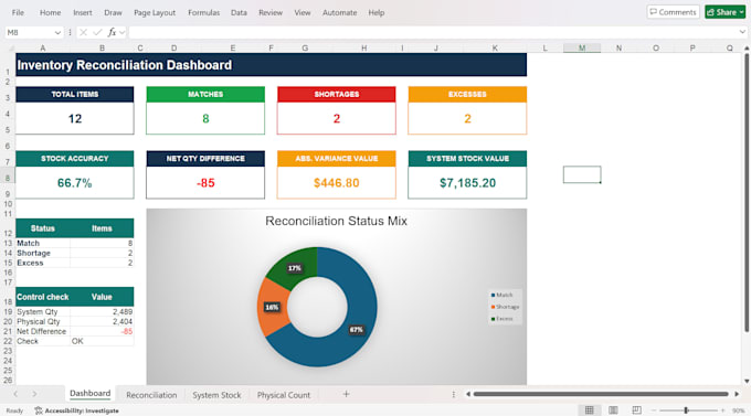 reconcile inventory stock and create an excel variance report