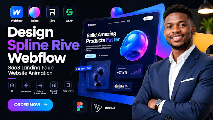 design spline rive micro interactive webflow saas landing page website animation