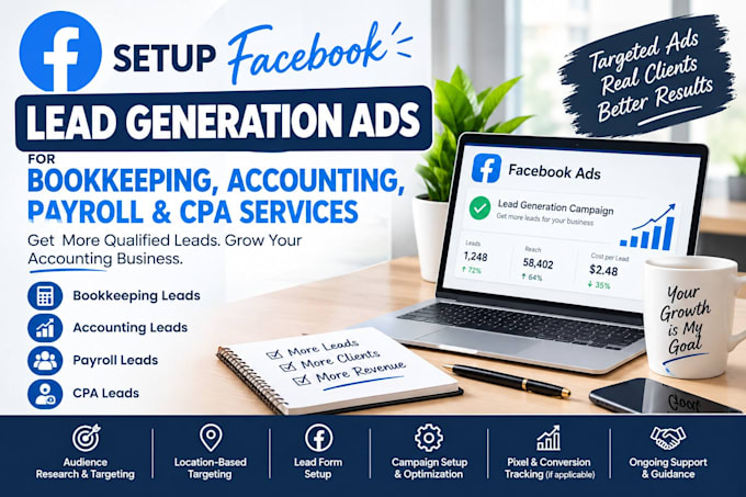 setup facebook leads generation ads for bookeeping accounting  payroll cpa leads