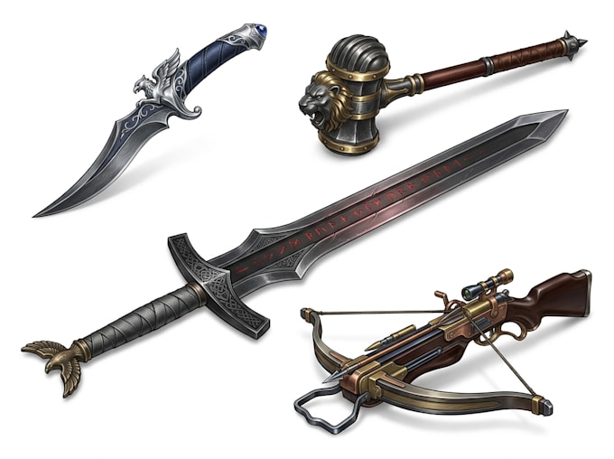 design unique sword, axe, medieval weapon, spear