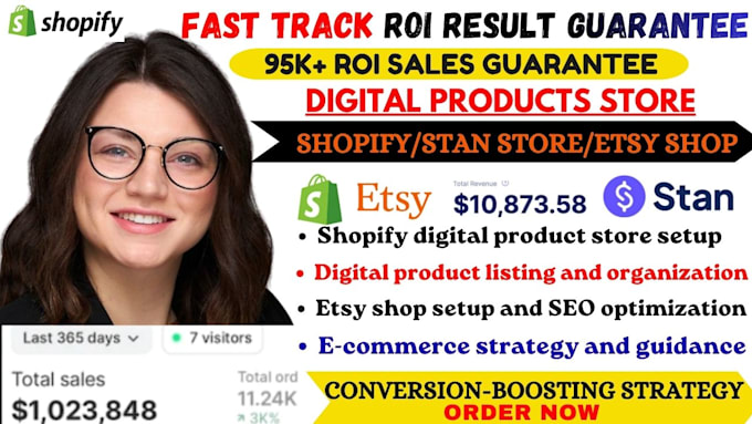setup 7figure shopify digital product store, etsy shop, stan store digital store