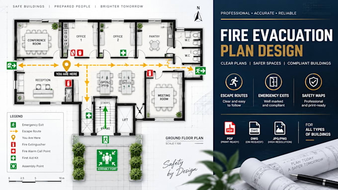 design fire evacuation plan, escape route map and fire safety plan