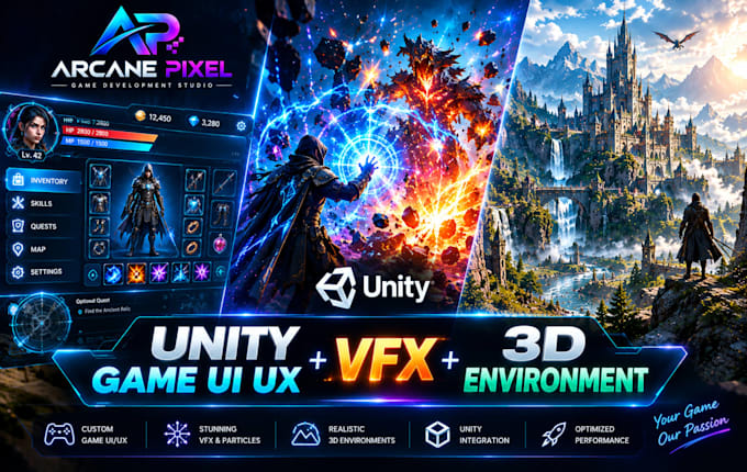 create 3d game UI UX, unity vfx and game environments