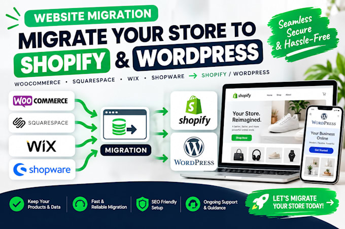 migrate woocommerce squarespace wix shopware to shopify wordpress