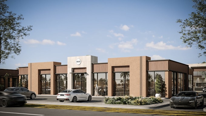 stripmall exterior visualisation,retail storefront parking lot,aerial render,gym