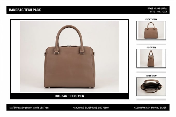 design your handbag tech pack in technical drawing flat sketch accessories