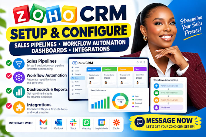 setup zoho CRM sales pipelines workflow automation dashboards integrations