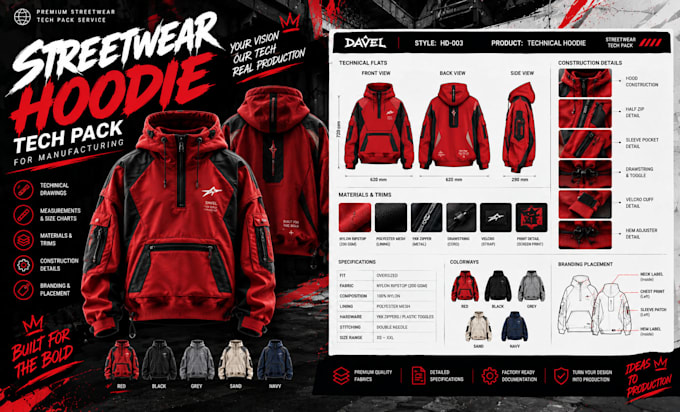 create streetwear hoodie tech pack for manufacturing