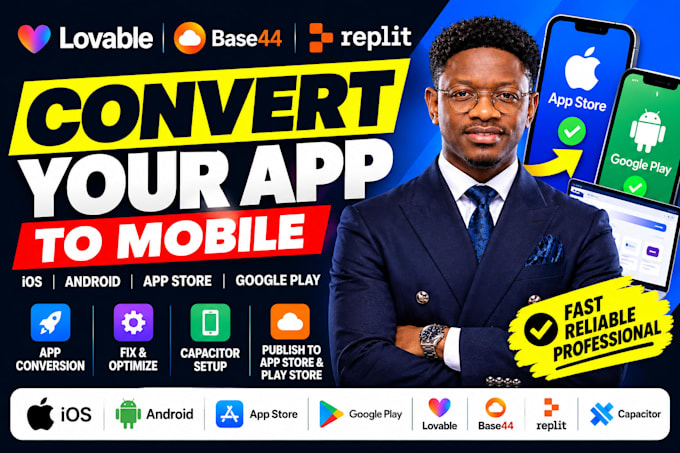 convert lovable base44 replit saas app base44 web app to ios android app store