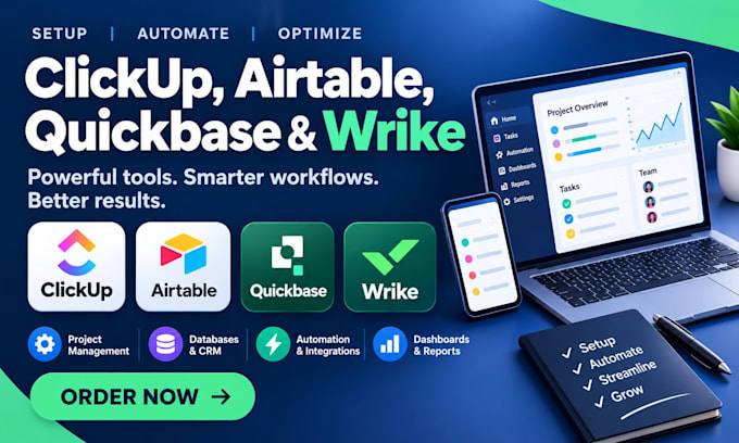 setup and automate clickup, airtable, quickbase and wrike for your business