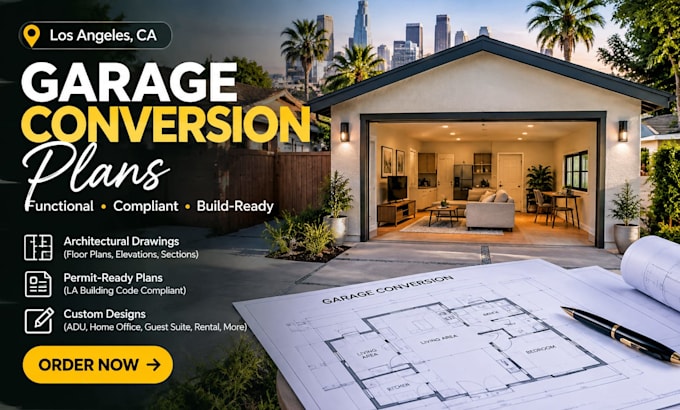 draw garage conversion plans for los angeles ca