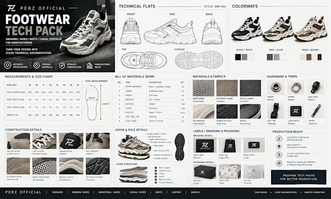 create shoe tech pack sneaker tech pack footwear for manufacturing