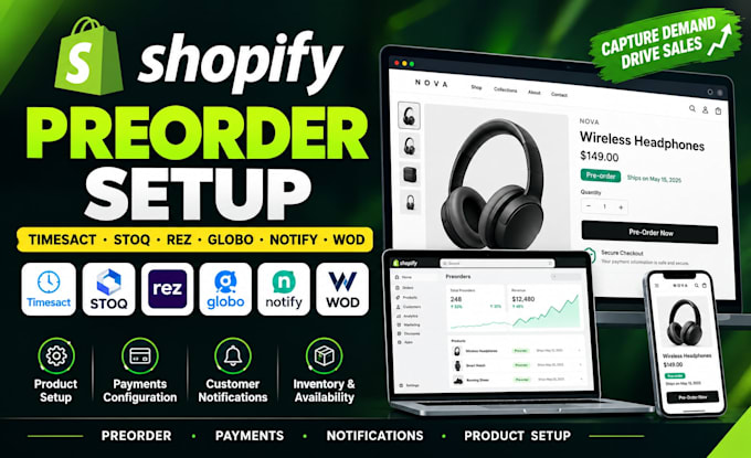 setup shopify preorder store using timesact, stoq, rez, globo, notify me and wod