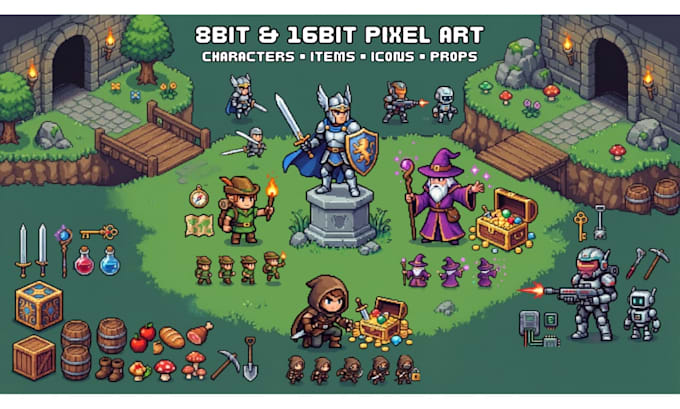 create 8bit 16bit pixel art items, icons, props and game character sprites