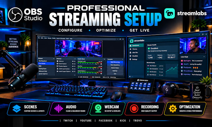 setup obs studio or streamlabs for live streaming and record