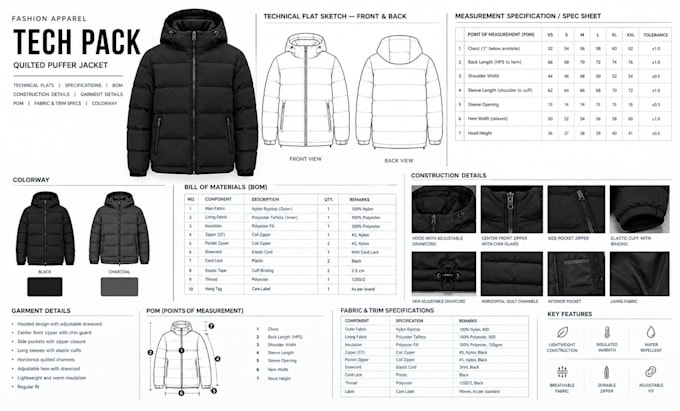 design tech pack for puffer, quilted, and packable jackets for manufacturing