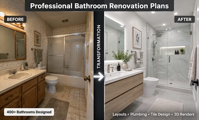design bathroom renovation plans, layout fixtures, plumbing, elevation drawings