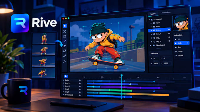 create custom interactive rive animations for web apps games and 2d characters