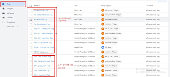 fix or setup meta facebook pixel, ga4 ecommerce tracking with GTM