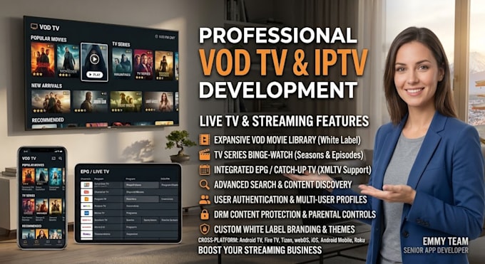 build iptv app, live streaming app, vod TV platform, video streaming app for tvs