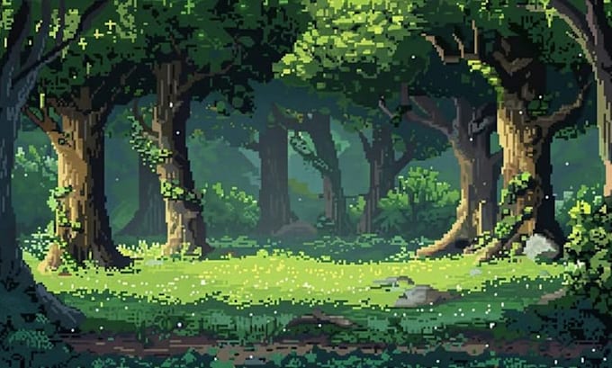 create pixel art background, game landscape, scenery and environment